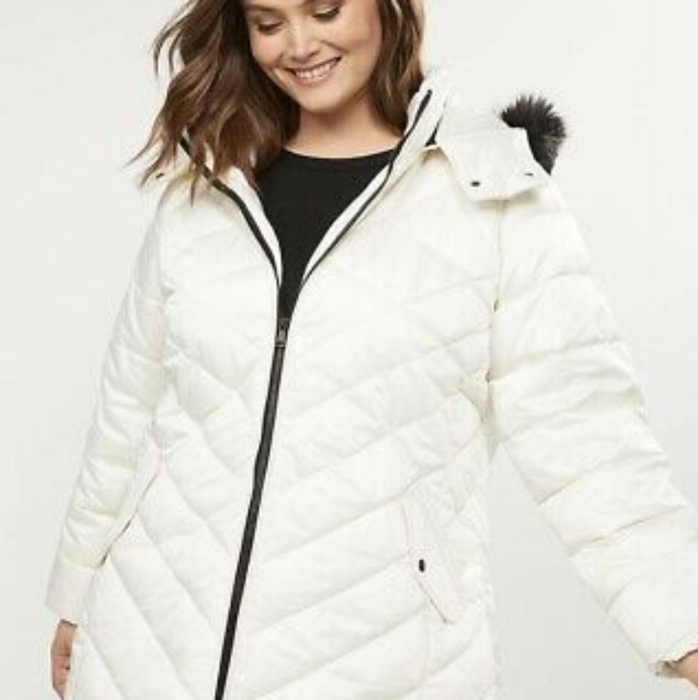 Lane Bryant puffer coat, white with black faux fur trim, size 22/24